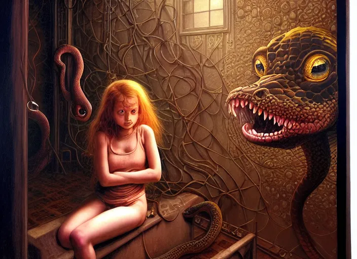 Prompt: realistic detailed image of a girl looking at the mirror to another world dimension , and a snake in an old soviet girlish room with a little monster hiding!!! under the bed!!! by Ayami Kojima, Amano, Karol Bak, Greg Hildebrandt, and Mark Brooks, Neo-Gothic, gothic, rich deep colors. Beksinski painting, part by Adrian Ghenie and Gerhard Richter. art by Takato Yamamoto. masterpiece .ntricate artwork by Tooth Wu and wlop and beeple, greg rutkowski, very coherent symmetrical artwork, cinematic, hyper realism, high detail, octane render, unreal engine, 8k, Vibrant colors, Smooth gradients, High contrast, depth of field. by Katsuhiro Otomo, full body character drawing, inspired by Evangeleon, clean ink detailed line drawing, intricate detail, extremely detailed, 8k. painting by Arthur Rackham, Eugene de Blaas, Frederic Leighton