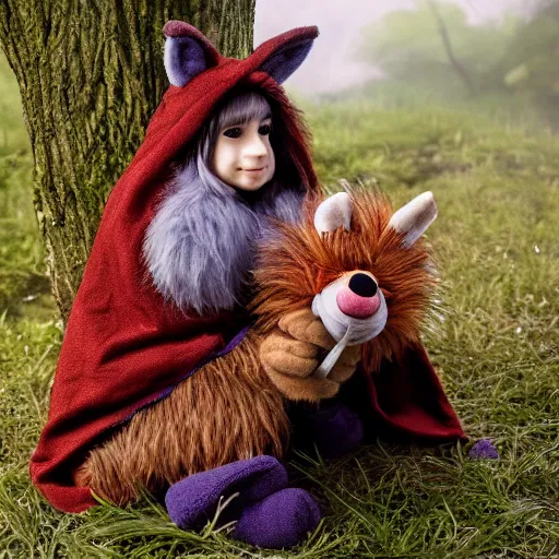 Prompt: photorealistic real life foxfolk wizard druid as a furry muppet plush wearing a fancy elven cloak and holding a sentient scimitar, photography, national geographic, sesame street