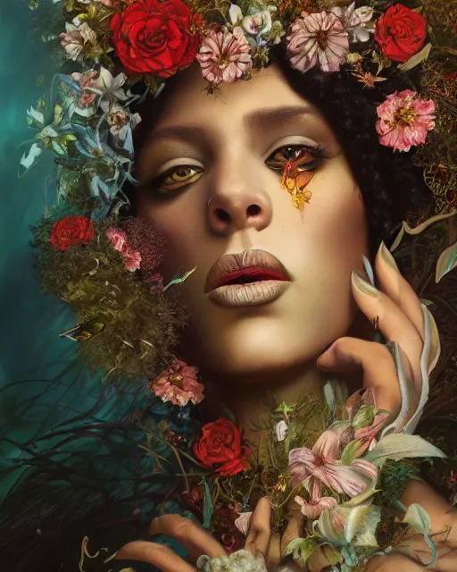 Image similar to portrait of the african queen of the underworld, surrounded by flowers by karol bak, james jean, tom bagshaw, rococo, sharp focus, trending on artstation, cinematic lighting, hyper realism, octane render, 8 k, hyper detailed.