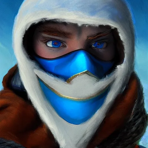 Prompt: snow bandit from ‘ icewind dale ’ with a bright blue gem mask, ‘ icewind dale 2 ’ profile portrait by ‘ justin sweet ’, falling snow, soft focus, illustration, oil paint, artstation