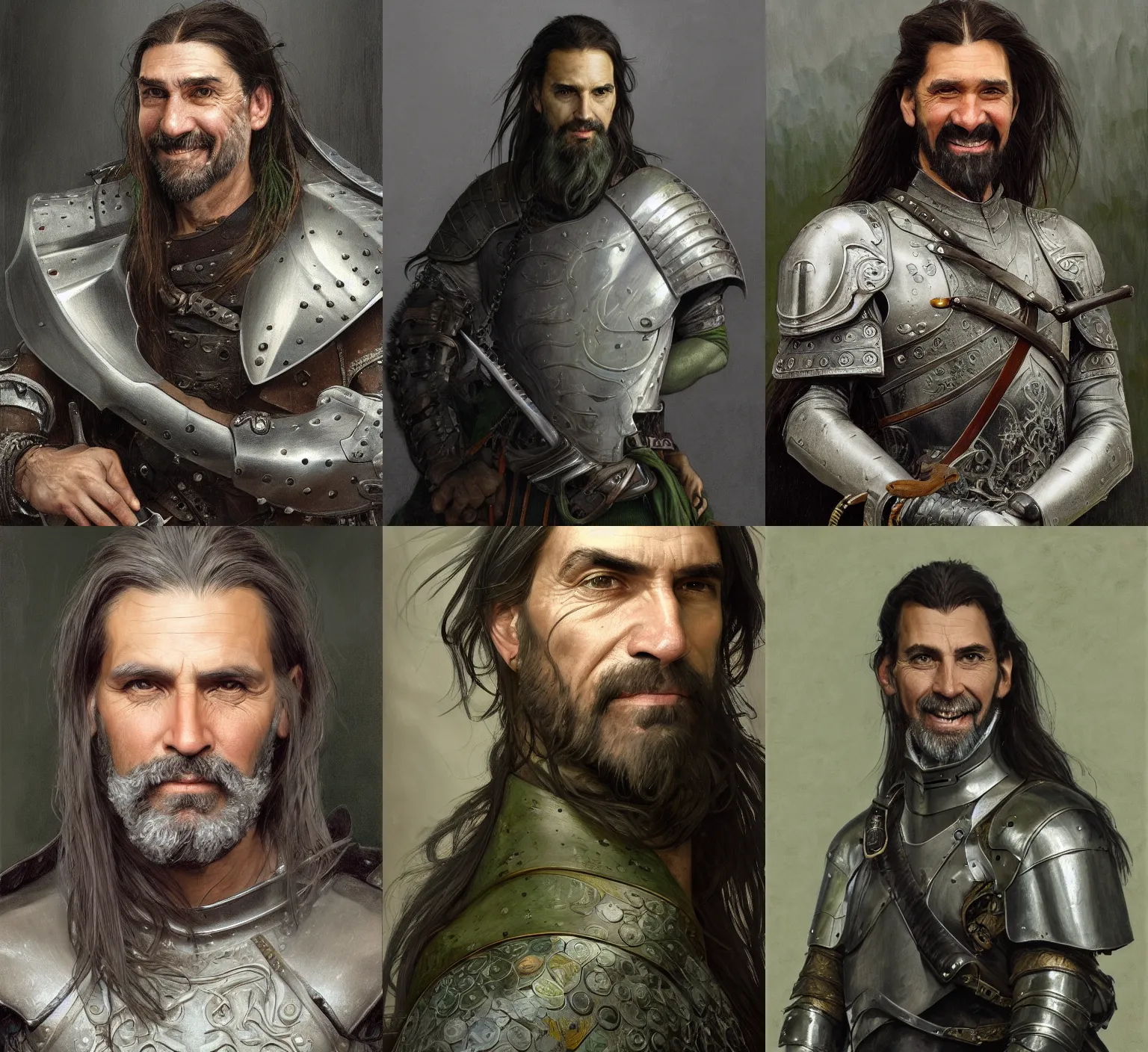 Prompt: medium-length portrait painting of a male hunter with long dark gray hair in a ponytail, a scraggly goatee, white skin, gray eyes, grinning, intricate gray-green leather armor, medieval setting, highly detailed, digital painting, artstation, concept art, sharp focus, illustration, art by greg rutkowski + alphonse mucha