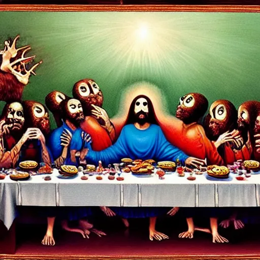 Prompt: a hyperrealistic painting of the last supper with spooky pepe the frog abducted by portals and angels, random cows, cinematic horror by chris cunningham, lisa frank, richard corben, highly detailed, vivid color, beksinski painting, part by adrian ghenie and gerhard richter. art by takato yamamoto. masterpiece