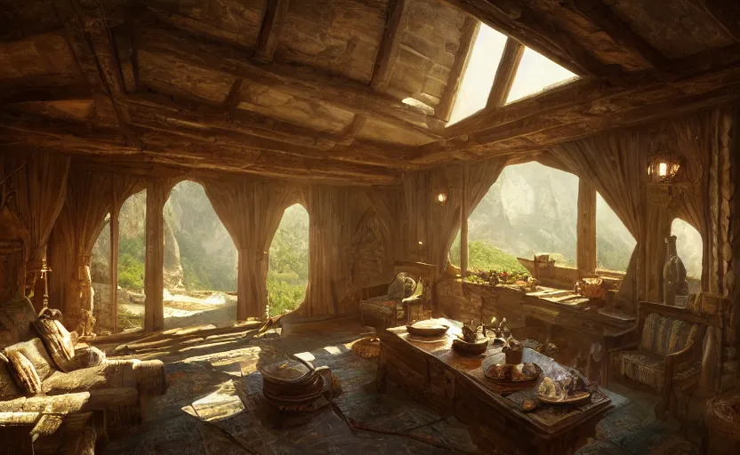 Prompt: painting of a series of opposing living quarters overlooking a greatroom carved inside a mountain, lush garden with hot spring between, cozy bed, well maintained, clean, medieval, fantasy genre, natural light, fantasy, natural light, concept art, by greg rutkowski and craig mullins, cozy atmospheric and cinematic lighting, trending on artstation