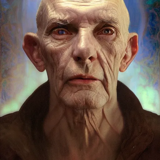 Image similar to hyperrealist portrait of an ancient old alien man with large cruel intelligent eyes and a huge head standing in front of a computer interface by jeremy mann and alphonse mucha and alan lee, fantasy art, photo realistic, dynamic lighting, artstation, poster, volumetric lighting, very detailed faces, award winning, full face, symmetry