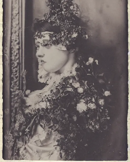 Image similar to a beautiful detailed front view portrait of a dead rotten princess with baroque ornate growing around, flowers, plants, ornamentation, elegant, beautifully soft and dramatic lit, 1 9 1 0 polaroid photo