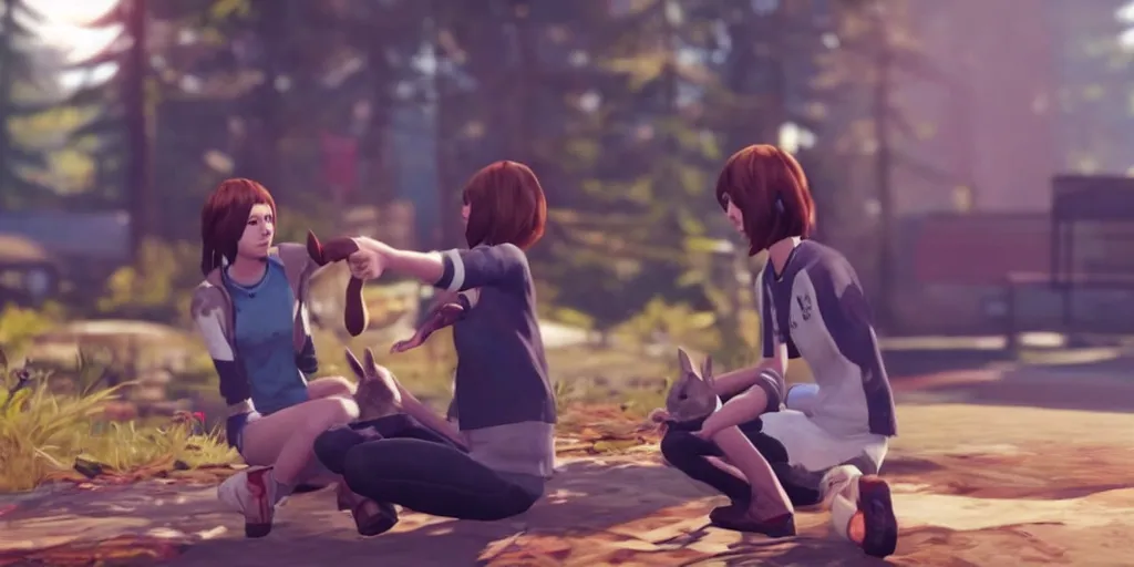 Image similar to max caulfield petting a rabbit in the video game life is strange, screenshot