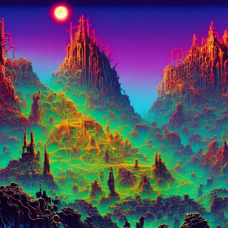 Prompt: mysterious skull castles in infinite circuit board valley, synthwave, fractal waves, bright neon colors, highly detailed, cinematic, tim white, roger dean, michael whelan, caza, bob eggleton, philippe druillet, vladimir kush, kubrick, alfred kelsner, vallejo