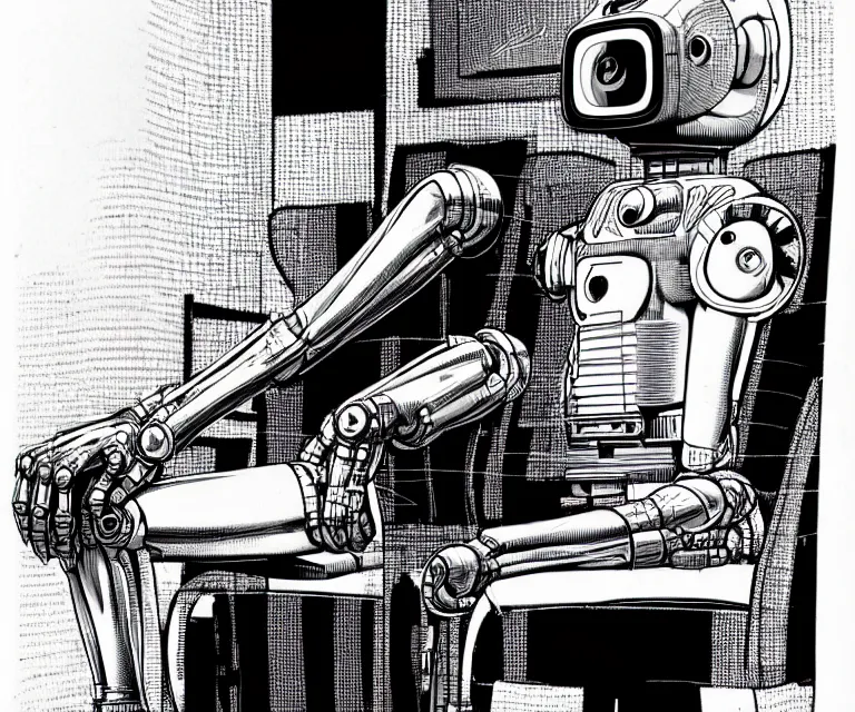 Image similar to robot wearing highly detailed hyperrealism neofuturistic cyberpunk neuralinterface is sitting on a chair, by wally wood and moebius