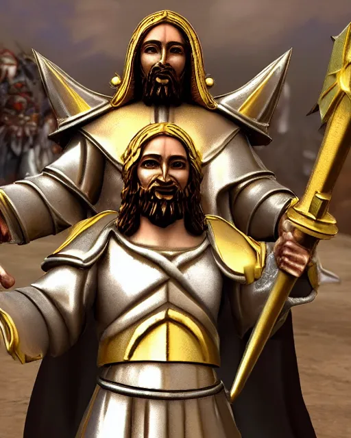 Image similar to Stylized Artistic Render of Jesus wearing the God emperor of mankind's armor warhammer