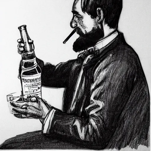 Image similar to sketch of a russian man drinking vodka bottle, detailed