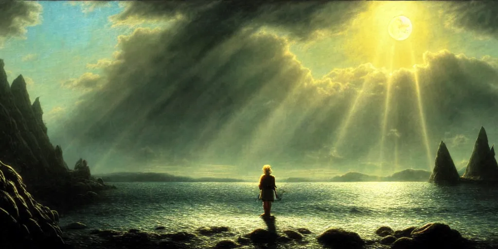 Image similar to a hobbit out at a lord of the rings scenery landscape, staring across the sea from the shore at a white timber sail boat leaving harbour, evening, god's rays highly detailed, vivid colour, soft clouds, full moon, cinematic lighting, perfect composition, gustave dore, derek zabrocki, greg rutkowski, belsinski