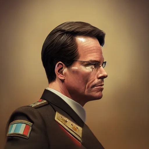 Image similar to mark rutte as a dictator, fantasy, high detail, elegant, digital painting, cinematic lighting, textured skin, highly detailed, artstation, unreal engine 5, breathtaking, illustration, ilya kuvshinov, nikolay makovsky