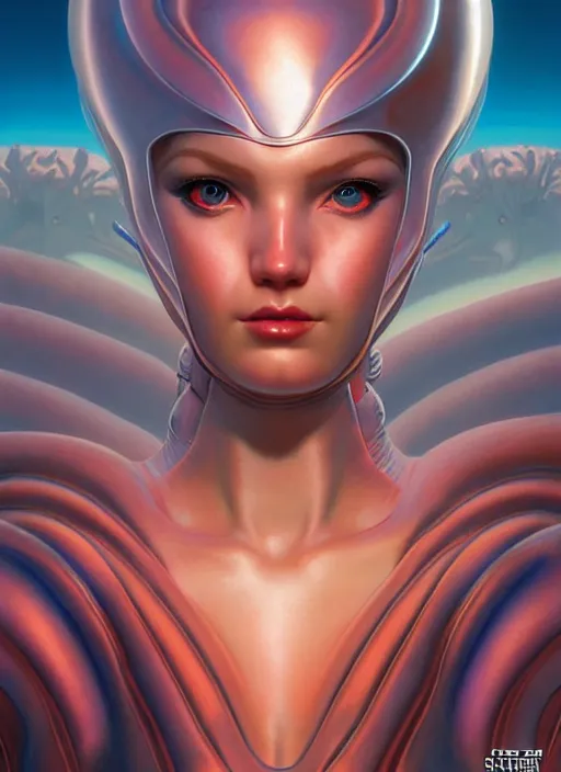 Prompt: face of a cute alien girl wearing shiny plastic armor in the style of roger dean and alberto vargas and stefan kostic, realistic, sharp focus, 8 k high definition, insanely detailed, intricate, elegant, art by greg rutkowski and artgerm, extreme blur coral reef background