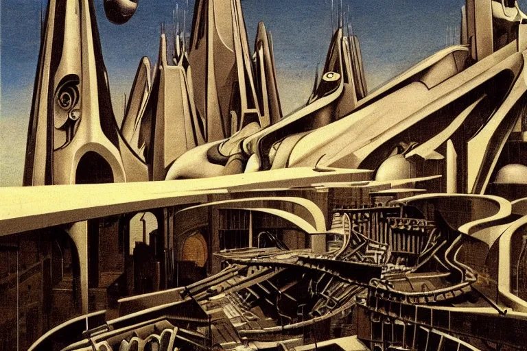 Prompt: cyborgs wander cybernetic architecture alien scifi landscape concept art by giorgio de chirico