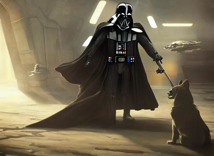 Image similar to a Photorealistic dramatic hyperrealistic render of darth vader facing off against a cute corgi, futuristic star wars vibe, by WLOP and Artgerm and Greg Rutkowski and Alphonse Mucha, Beautiful dynamic dramatic dark moody lighting, shadows, cinematic atmosphere, Artstation, concept design art, Octane render, 8K, masterpiece, sharp focus