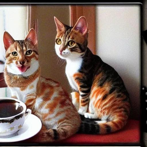 Image similar to 3 cats ( two calico and one tabby ) enjoying fancy english tea together, flickr explore