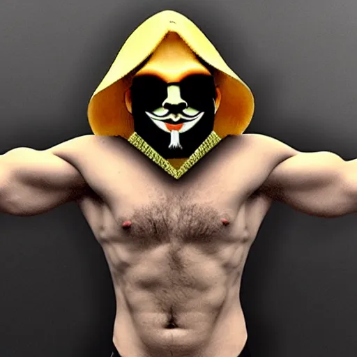 Image similar to anonymous guy fawkes mask bodybuilder, full length profile