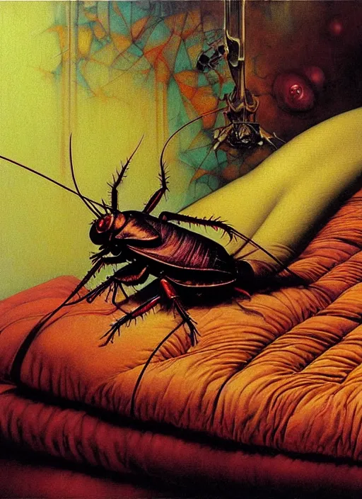 Prompt: realistic detailed image of a cockroach sleeping in a bed in an old cozy soviet apartment by Ayami Kojima, Amano, Karol Bak, Greg Hildebrandt, and Mark Brooks, Neo-Gothic, gothic, rich deep colors. Beksinski painting, part by Adrian Ghenie and Gerhard Richter. art by Takato Yamamoto. masterpiece. realistic detailed image