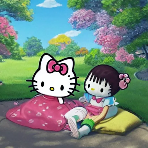 Image similar to painting of hello kitty and hello kitty friends and sanrio characters and playing outside on a sunny day, adventures of hello kitty and friends, by makoto shinkai, by sanrio