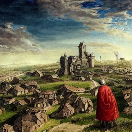 Prompt: Medieval village on the plains, a villager looking up. In place of the sky you can see an incredibly enormous colossal oversized massive dirigible-like ship. Extremely high detail, realistic, medieval fantasy art, dark fantasy, masterpiece, art by Giger