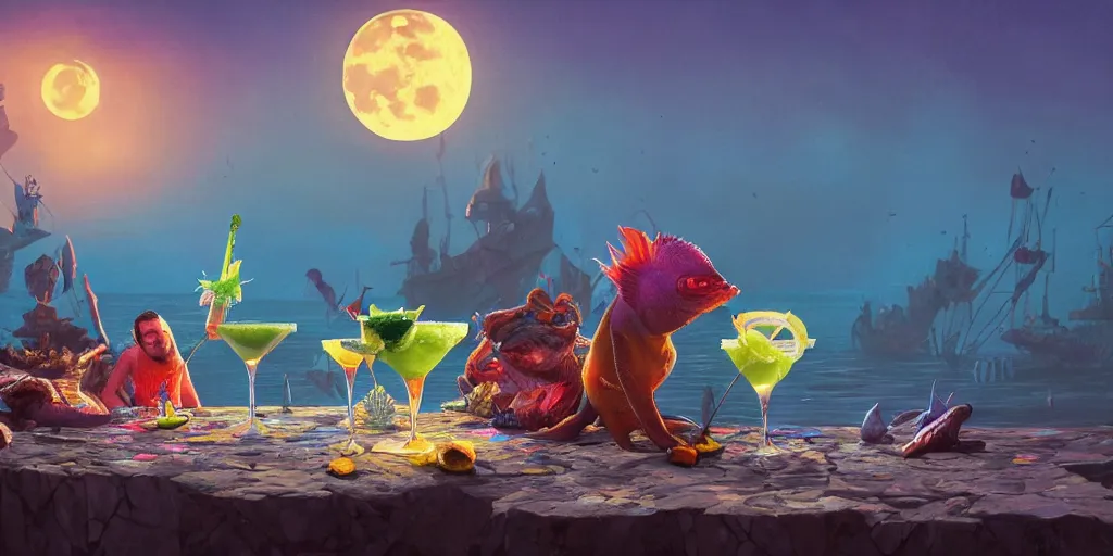 Image similar to fish enjoying a margarita during full moon with his worst enemies, colorful, contrast, 3 d scene, greg rutkowski, zabrocki, karlkka, jayison devadas, trending on artstation, 8 k, ultra wide angle, zenith view, pincushion lens effect