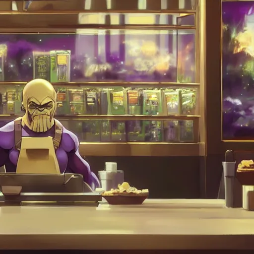 Prompt: thanos working at starbucks by makoto shinkai and ruan jia and studio ghibli