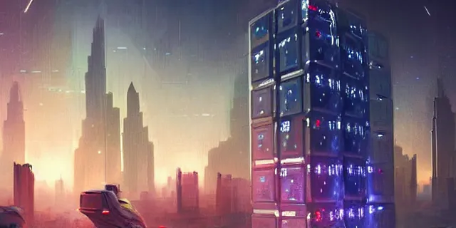 Prompt: a beautiful network of glowing futuristic cubes appears in the sky above a cyberpunk dubai city, atmospheric lighting, intricate, volumetric lighting, beautiful, sharp focus, ultra detailed, in the art style of marc simonetti, bowater charlie and brom gerald, astrophotography