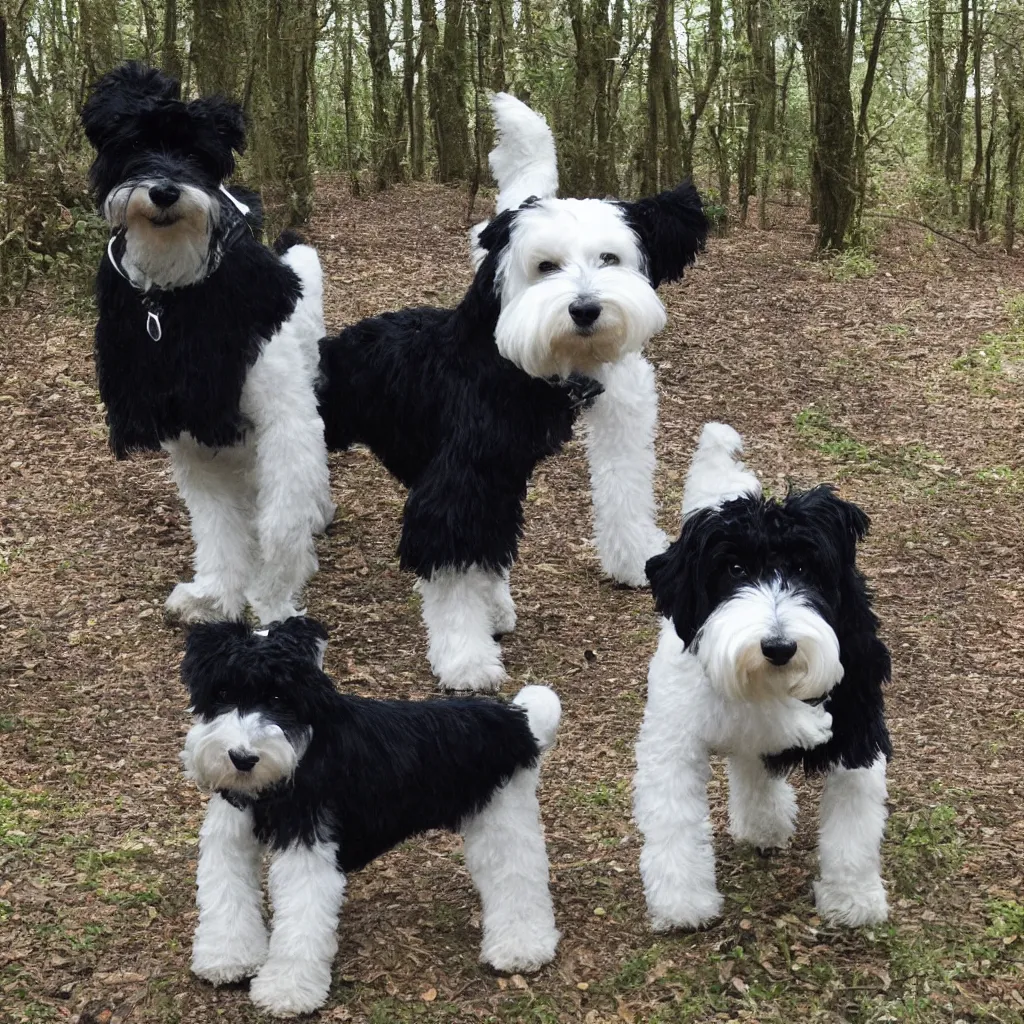 Prompt: of a white teddy walks in the woods with a black schnauzer,