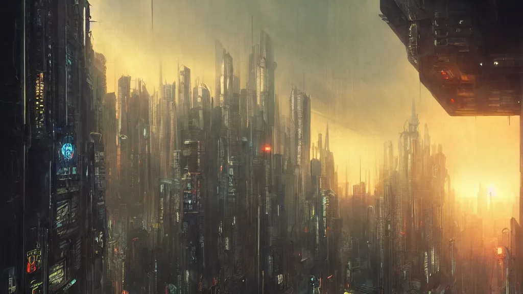 Image similar to cyberpunk city, blade runner, ghost in the shell, akira, sunset, gorgeous view, depth, painted by seb mckinnon, high detail, digital art, painted by greg rutkowski, trending on artstation