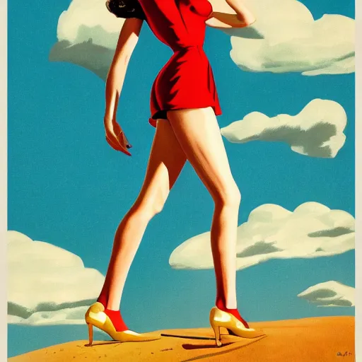 Image similar to full body portrait of gal gadot in the style of bill medcalf, blue sky with a few clouds, retro, 1 9 5 0, 4 k, detailed