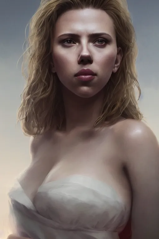 Image similar to a fancy portrait of Scarlett Johansson with scars on her body by Greg Rutkowski, Sung Choi, Mitchell Mohrhauser, Maciej Kuciara, Johnson Ting, Maxim Verehin, Peter Konig, final fantasy , mythical, 8k photorealistic, cinematic lighting, HD, high details, atmospheric,