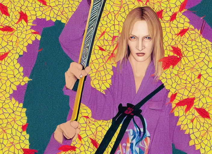 Prompt: breathtaking detailed pattern pastel colors, action scene from kill bill, with uma thurman ( kill bill ) in yellow kimono, swinging katana sword and autumn leaves, by hsiao - ron cheng, exquisite detail, enhanced eye detail