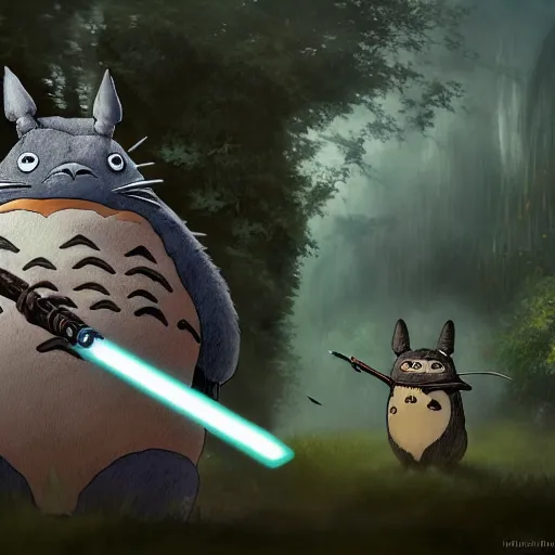 Image similar to totoro jedi slaying with lord, intricate detail, royo, klimt, miro, vallejo, frazetta, giger, whealan, hd, unreal engine,