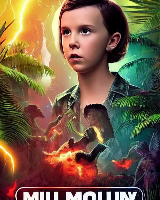 Prompt: Poster of Millie Bobby Brown in a jungle of lightning