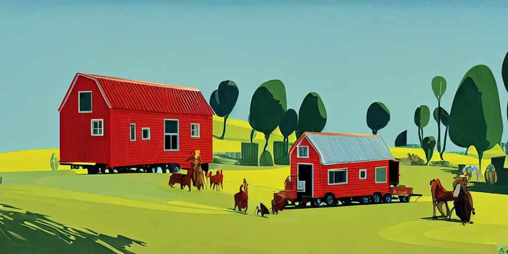 Prompt: wheeled tiny house community on a farm, gouache, animated film, stylised, illustration, by eyvind earle, scott wills, genndy tartakovski, syd mead