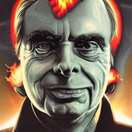 Image similar to Satanic Carl Sagan, portrait. evil. horns. flames. hyper realistic