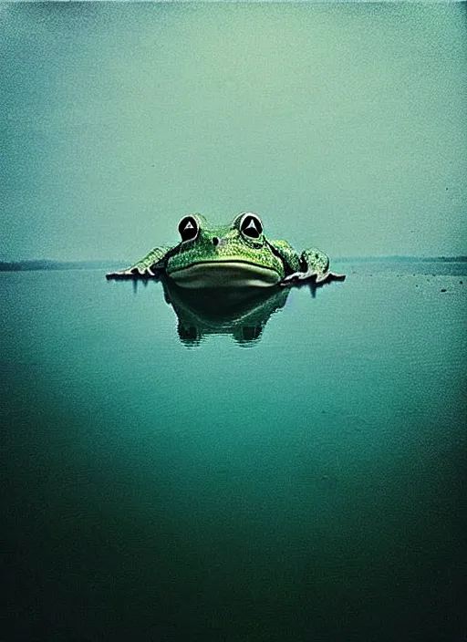 Image similar to “smiling frog vertically hovering over misty lake waters in jesus christ pose, low angle, long cinematic shot by Andrei Tarkovsky, paranormal, eerie, mystical”