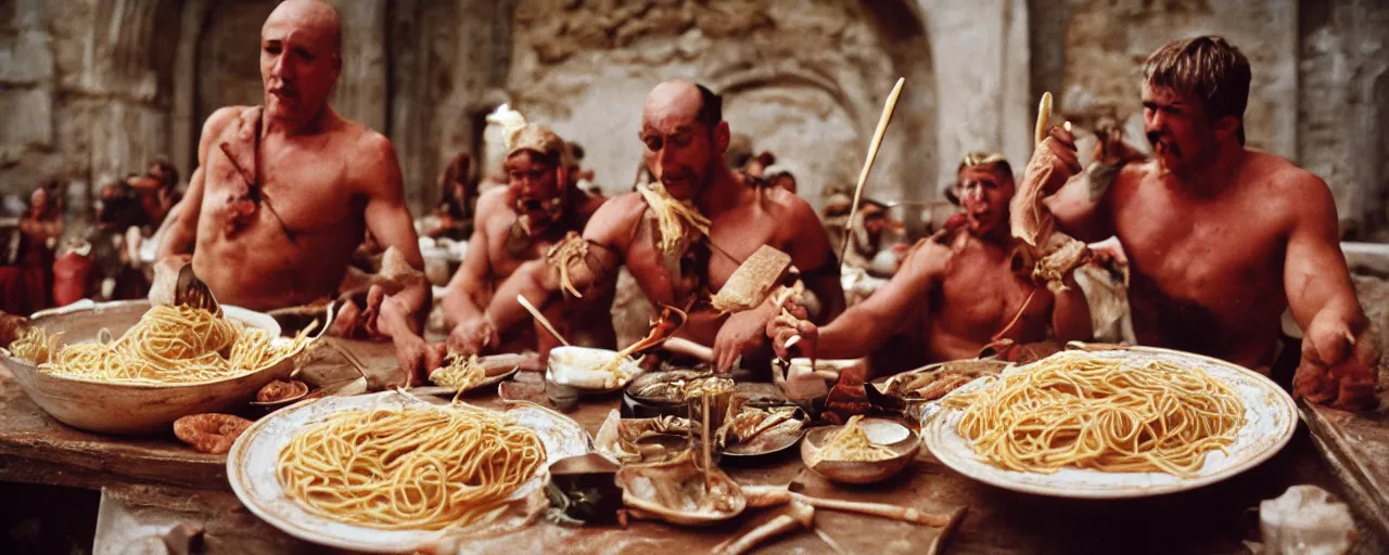 Prompt: ancient romans gladiators eating big bowl of spaghetti!!!!, architectural, minimal, canon 5 0 mm, wes anderson film, kodachrome, retro