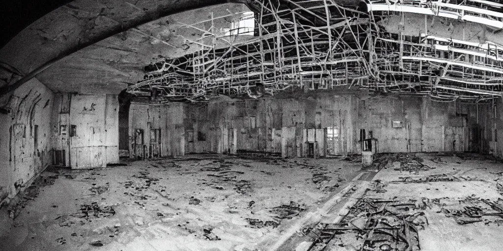 Prompt: A photograph of the inside of the chernobyl nuclear reactor, Kodak TRI-X 400 135mm