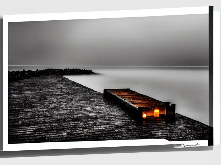 Prompt: a forgotten wharf on a cold sea by zacharias aagaard, hyperrealism, high contrast, low light, desaturated, grey mist, cobblestones, orange candle flames, volumetric lighting