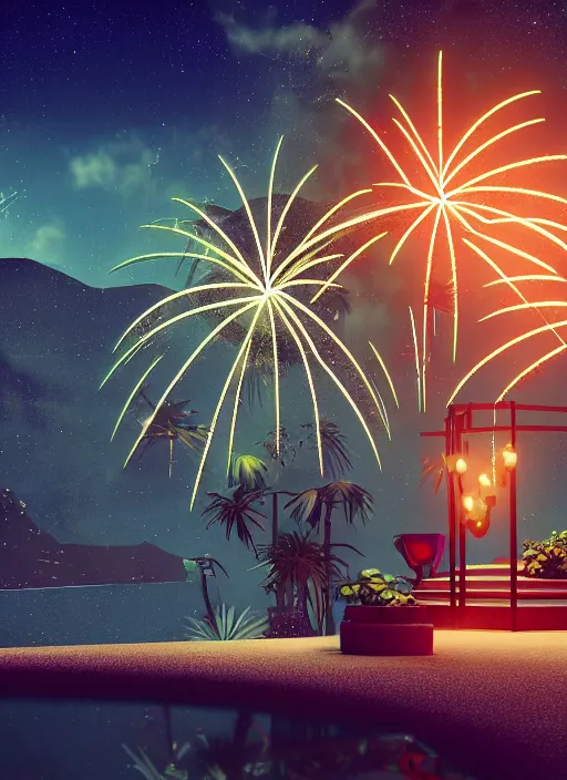 Prompt: 🌟🌜fireworks, Art Deco, in SANTORINI island, palm trees, crystal clear neon water, starry night, Trending artstation, octane render, cgsociety, surrealist, cinematic, shadow of the tomb rider