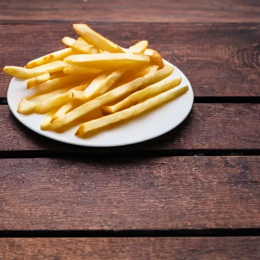 Image similar to the most delicious portion of french fries with mayo on the side, on a wooden table, close - up, photography