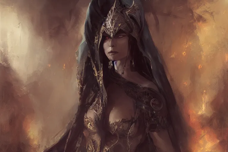 Prompt: A dark and mysterious painting of an elven queen by Craig Mullins, beautiful, realistic, professional, dramatic lighting, extremely high detail, trending on artstation