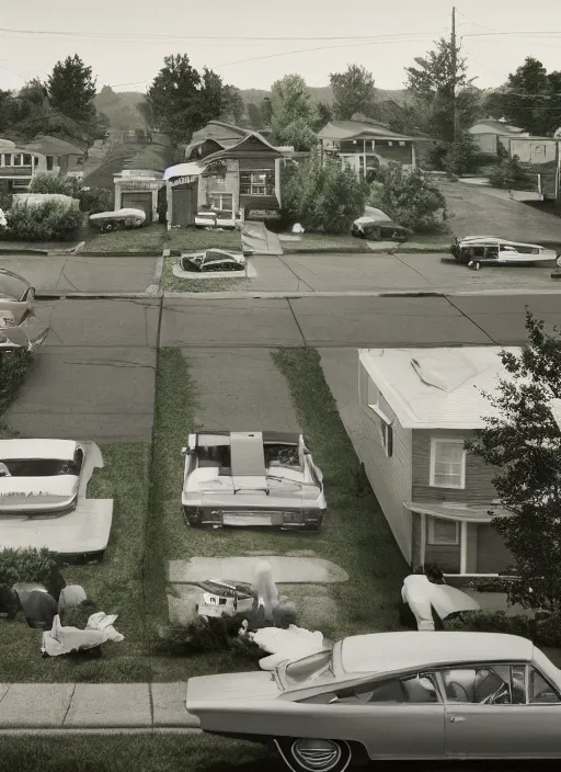 Prompt: a detailed photographic render of a 1 9 6 0 s american neighborhood by gregory crewdson, photoreal, 4 k