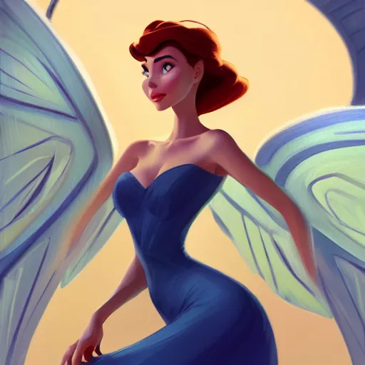 Image similar to 3 / 4 view of a portrait of a pretty woman with wings, confident pose, digital painting, artstation, concept art, smooth, sharp focus, illustration, trending on artstation, highly detailed, concept art, disney art by milt kahl, glen keane, marc davis, and eric goldbergmatte, trending on artstation h 6 4 0