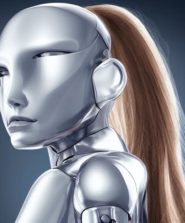 Prompt: realistic portrait of a silver robot is watching tv in front of the tv and the tv displays one victoria's secret model and the robot's face is partially morphed into an copy of the model, realistic, 4 k