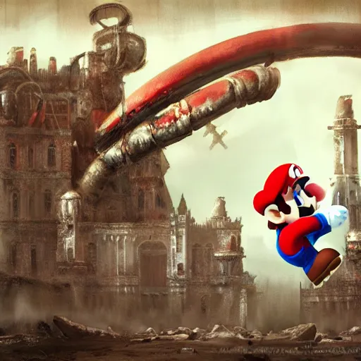 Prompt: concept art of mario from super mario bros in a ruined kingdom, resident evil, horror, occult, terror, mist, volumetric render, zoomed out wide angle digital painting, detailed painting