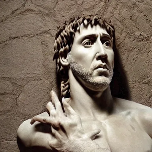 Prompt: nicolas cage as michelangelo's david, very detailed, hyper realistic