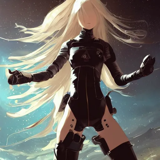 Prompt: highly detailed portrait of a hopeful young astronaut lady with a wavy blonde hair, by Dustin Nguyen, Akihiko Yoshida, Greg Tocchini, Greg Rutkowski, Cliff Chiang, 4k resolution, nier:automata inspired, dishonored inspired, vibrant but dreary but upflifting black, brown and white color scheme!!! ((Space nebula background))