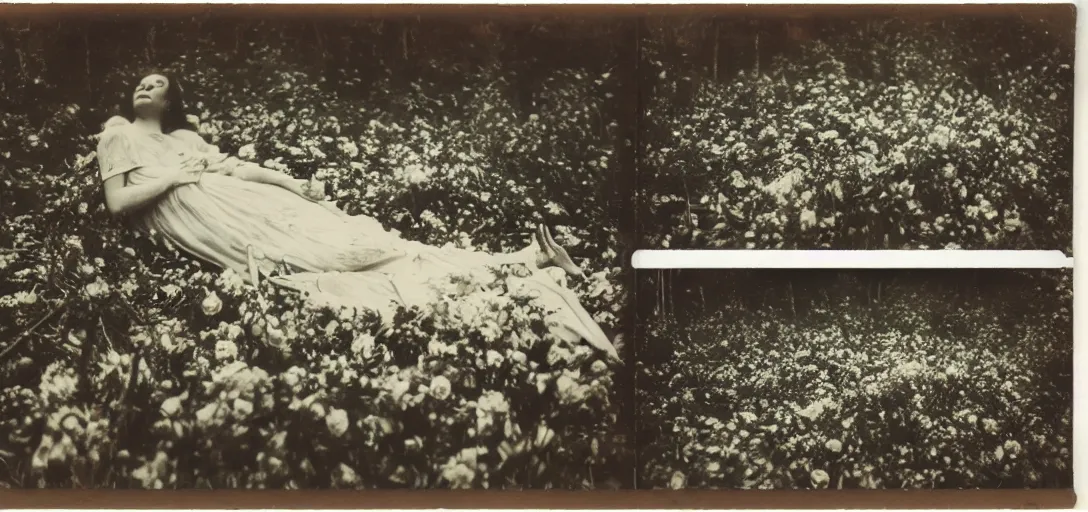 Prompt: beautiful woman on the ground covered in flowers, Forest, ray gods, 1910 polaroid photography